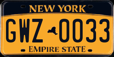 NY license plate GWZ0033