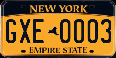 NY license plate GXE0003
