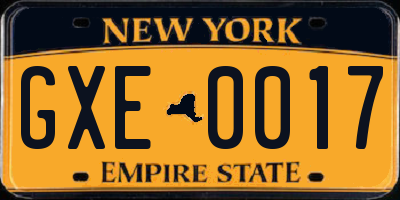NY license plate GXE0017