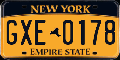NY license plate GXE0178