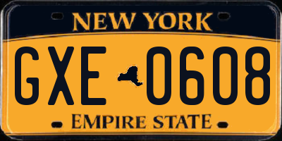 NY license plate GXE0608