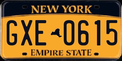 NY license plate GXE0615