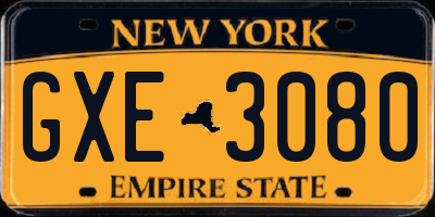 NY license plate GXE3080