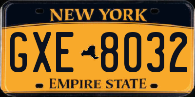 NY license plate GXE8032