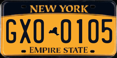 NY license plate GXO0105