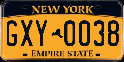 NY license plate GXY0038