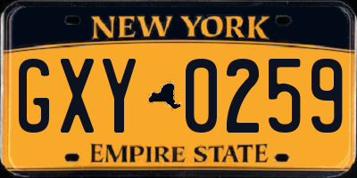 NY license plate GXY0259