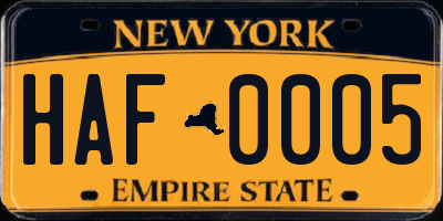 NY license plate HAF0005