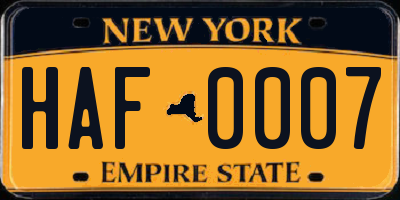 NY license plate HAF0007