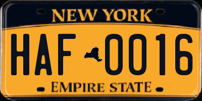 NY license plate HAF0016