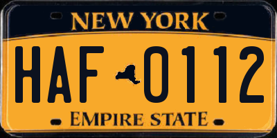 NY license plate HAF0112
