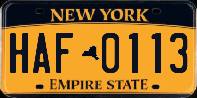 NY license plate HAF0113