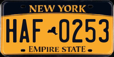 NY license plate HAF0253