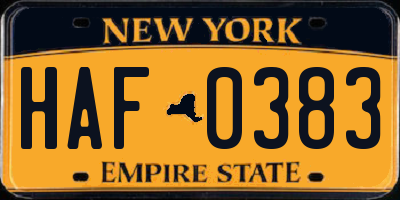 NY license plate HAF0383