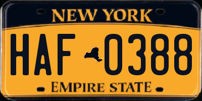 NY license plate HAF0388