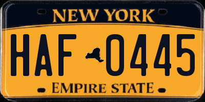 NY license plate HAF0445