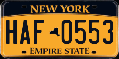 NY license plate HAF0553