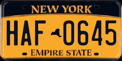 NY license plate HAF0645