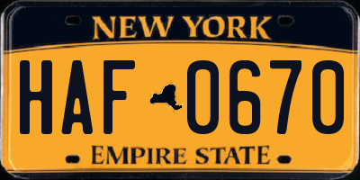 NY license plate HAF0670