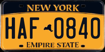 NY license plate HAF0840