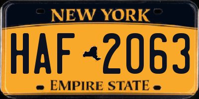 NY license plate HAF2063