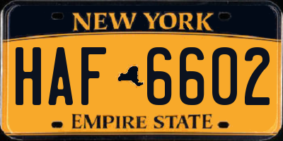 NY license plate HAF6602