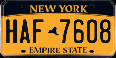 NY license plate HAF7608