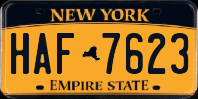 NY license plate HAF7623