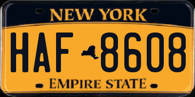 NY license plate HAF8608