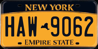 NY license plate HAW9062