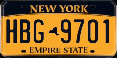 NY license plate HBG9701