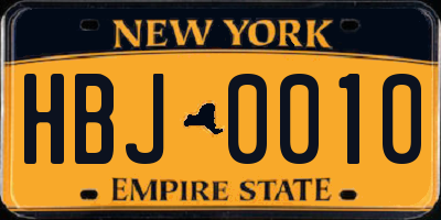 NY license plate HBJ0010