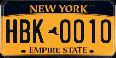 NY license plate HBK0010