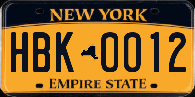 NY license plate HBK0012