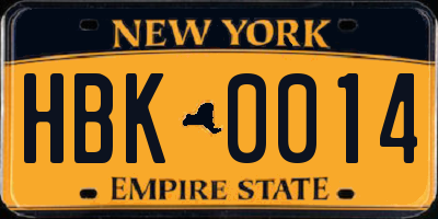 NY license plate HBK0014