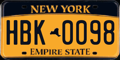 NY license plate HBK0098