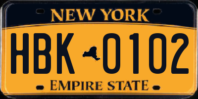 NY license plate HBK0102