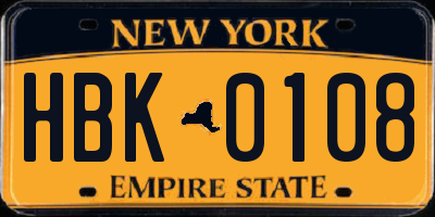 NY license plate HBK0108