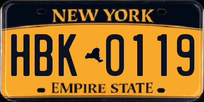 NY license plate HBK0119