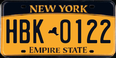 NY license plate HBK0122