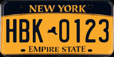 NY license plate HBK0123