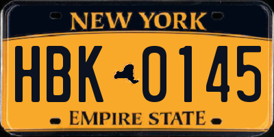 NY license plate HBK0145