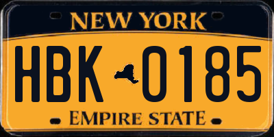 NY license plate HBK0185