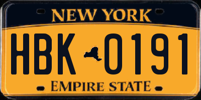NY license plate HBK0191