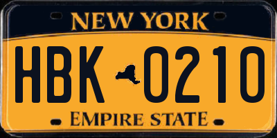 NY license plate HBK0210