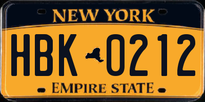 NY license plate HBK0212