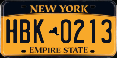 NY license plate HBK0213