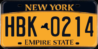 NY license plate HBK0214