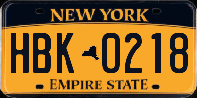 NY license plate HBK0218