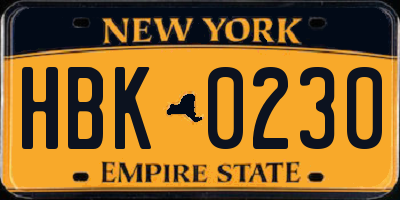 NY license plate HBK0230